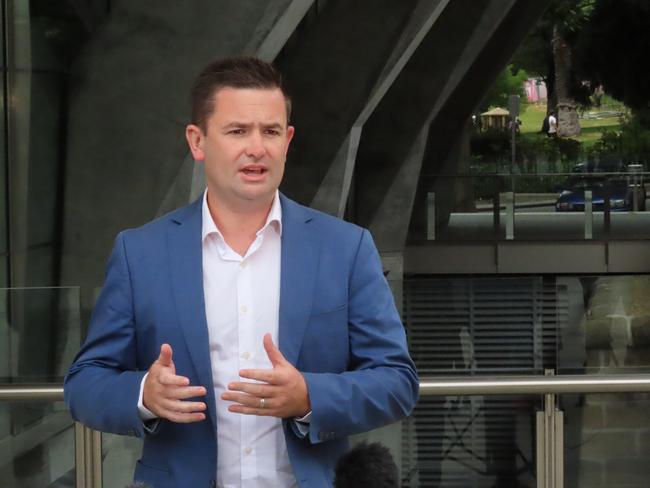 Labor leader Dean Winter speaks to the media about the state budget at Parliament Square in Hobart on Monday, February 10, 2025.