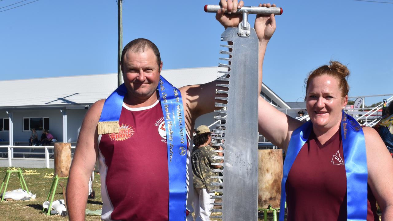 Jamie and Renee Retschlag of Kilcoy won the open sawing handicap and open sawing championship at Show Whitsunday on Saturday. Picture: Kirra Grimes