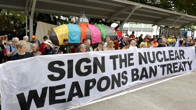 The Australian Anti-AUKUS Coalition Qld rally for Peace Not War on Friday. Picture: Steve Pohlner