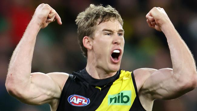 2022 AFL Football Round 20 - Richmond Tigers V Brisbane Lions at the MCG. Tom Lynch of the Richmond Tigers celebrates kicking the winner. Picture: Mark Stewart