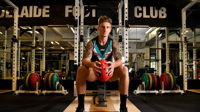 Port Adelaide’s Hamish Hartlett in the club gym at Alberton Oval. Picture: Tricia Watkinson