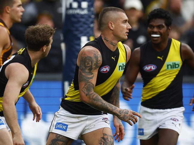 Dustin Martin celebrates kicking a goal against Hawthorn. Picture: Daniel Pockett/Getty Images