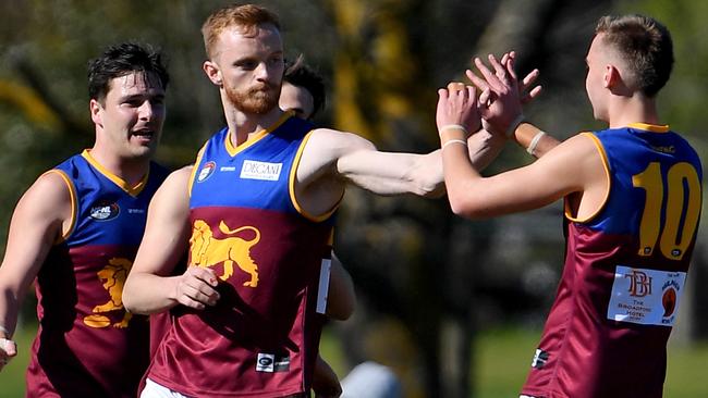 Jake Potter celebrates a goal for South Morang. Picture: Andy Brownbill