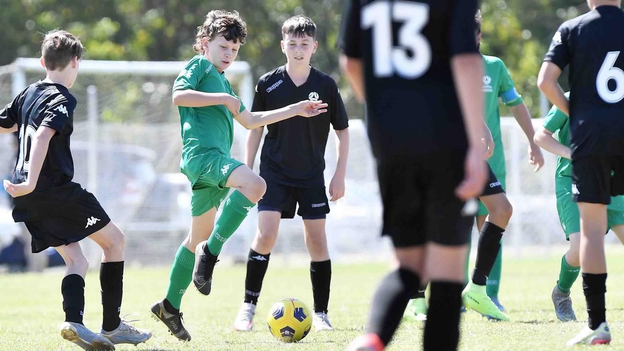 Football Queensland Community Cup carnival, Maroochydore. U13 boys, Sunshine Coast V Metro North. Picture: Patrick Woods.