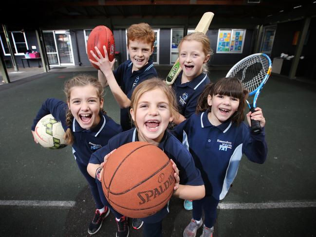 Mikaela 10, Kallan 11, Amelia 8, Brooke 9 and Aseia 6 keeping active at school. Picture: David Caird