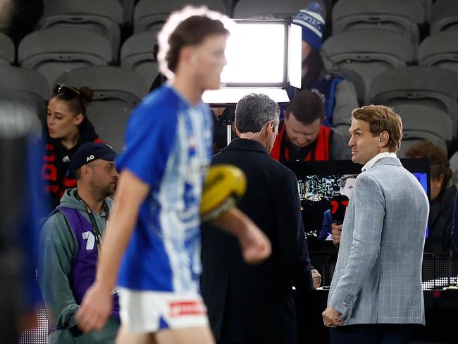 Kane Cornes before Essendon’s match against North Melbourne, when he was banned from the changerooms.