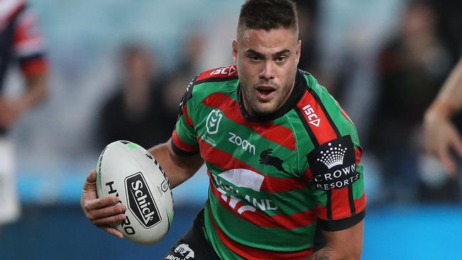 Souths Corey Allan scores a try during the Souths v Roosters NRL match at ANZ Stadium, Homebush. Picture: Brett Costello