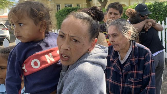 Jessica Howard, with family, speaking outside Kempsey Local Court after Conrad Peter Lardner and Leearna Nicole Davis were charged in relation to the stabbing death of her husband David Vale. Picture: Janine Watson