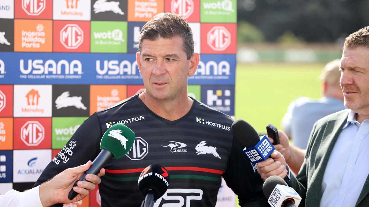 SYDNEY, AUSTRALIA - NewsWire Photos MARCH 21, 2024: South Sydney Rabbitohs coach Jason Demetriou pictured speaking to media after the South Sydney Rabbitohs training session. Rabbitohs Centre at Heffron Park, Maroubra. Picture: NCA NewsWire / Damian Shaw