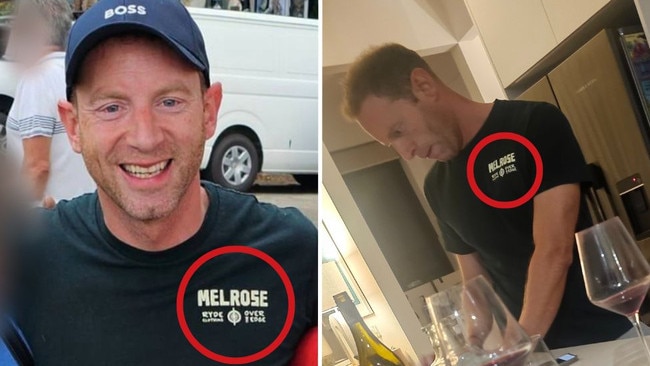 David Speirs wearing the Over The Edge T-shirt in Far North Queensland on July 28, left, and wearing the same shirt on June 30 appearing to show him snorting white powder.