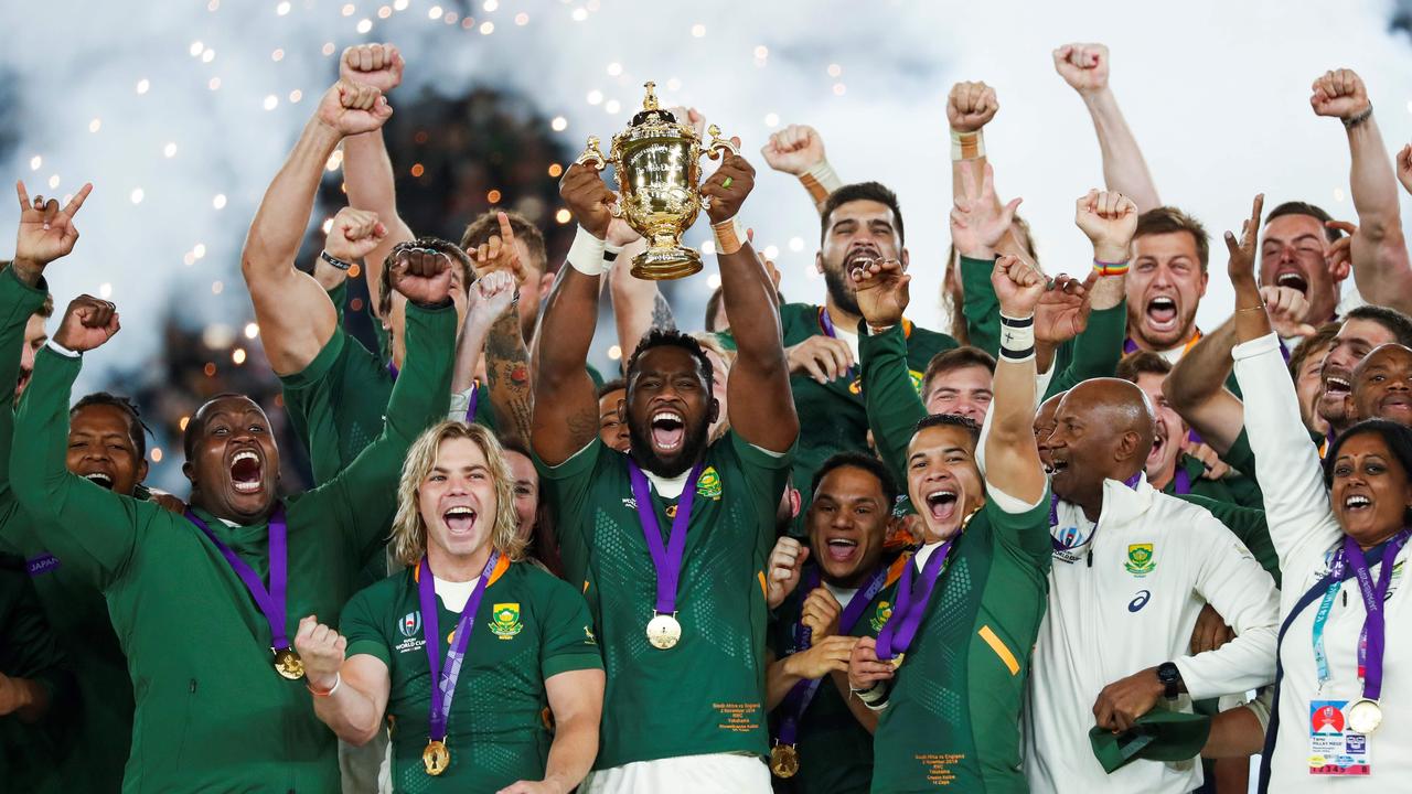 South Africa celebrate winning the 2019 Rugby World Cup final in Yokohama.