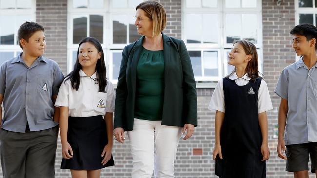 Strathfield South Public School principal Karen Mortimer with students Luka Matic, Yewon Jang, Kristina Matic and Adhvay Moudgalya. Picture: Toby Zerna