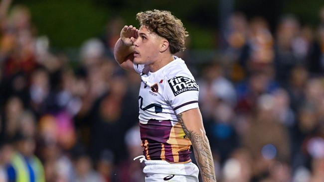 Reece Walsh of the Broncos celebrates another try. Photo by Izhar Khan/Getty Images.