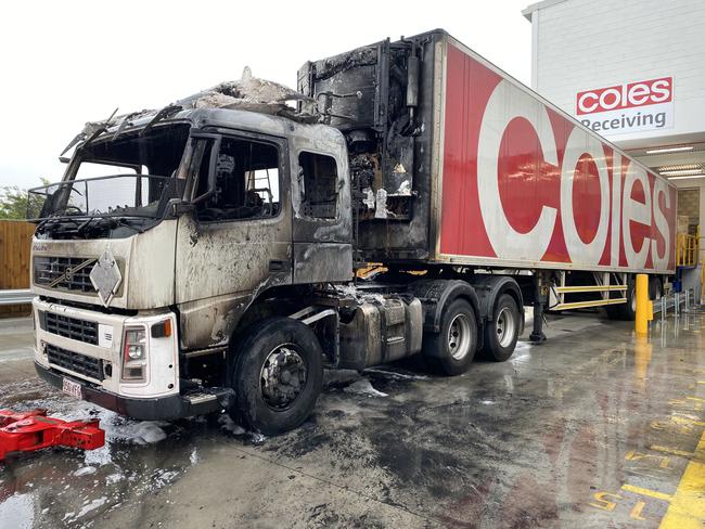 A delivery truck was destroyed by fire at the Glenvale Coles this morning.