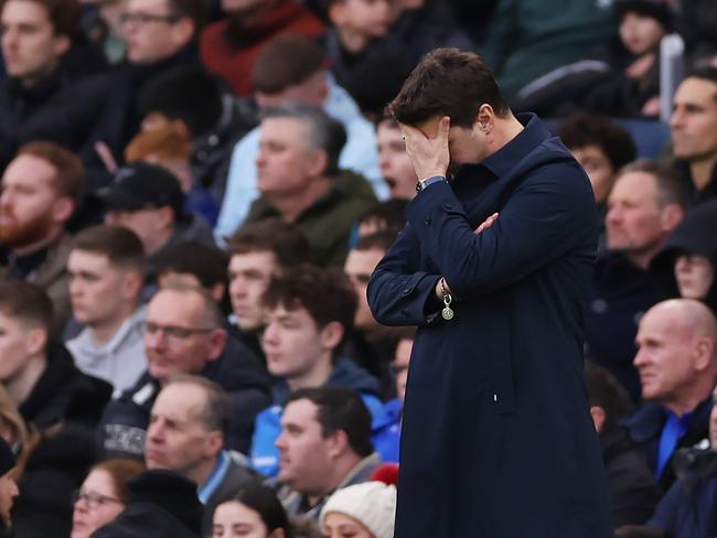 LONDON, ENGLAND - FEBRUARY 04: Mauricio Pochettino, Manager of Chelsea, reacts after Rayan Ait-Nouri of Wolverhampton Wanderers (not pictured) scored their sides second goal during the Premier League match between Chelsea FC and Wolverhampton Wanderers at Stamford Bridge on February 04, 2024 in London, England. (Photo by Alex Pantling/Getty Images)