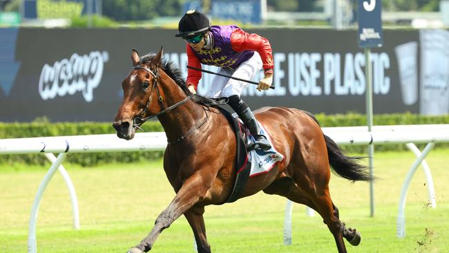 SYDNEY, AUSTRALIA - DECEMBER 21: Dylan Browne McMonagle riding Gilded Water wins Race 6 Precise Air during Sydney Racing at Royal Randwick Racecourse on December 21, 2024 in Sydney, Australia. (Photo by Jeremy Ng/Getty Images)