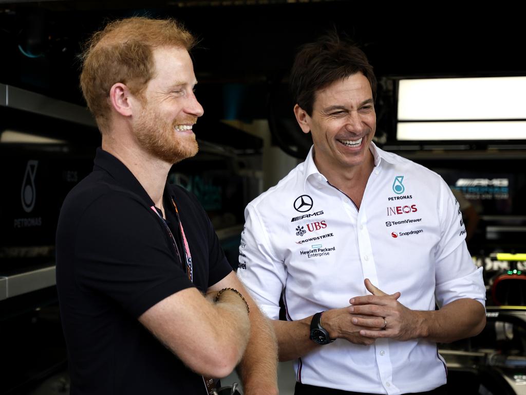 Prince Harry speaks to Mercedes GP executive director Toto Wolff in the garage prior to the F1 Grand Prix. Picture: Chris Graythen/Getty Images