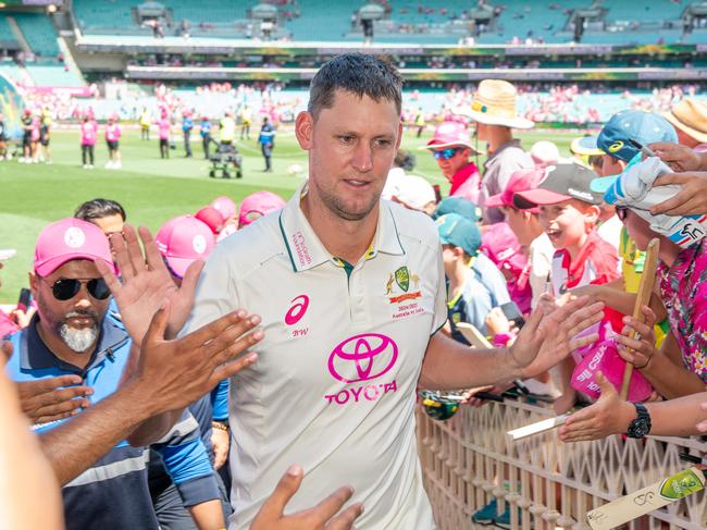 Beau Webster celebrates with the crowd after hitting the winning run in the test match vs India. Picture: Thomas Lisson