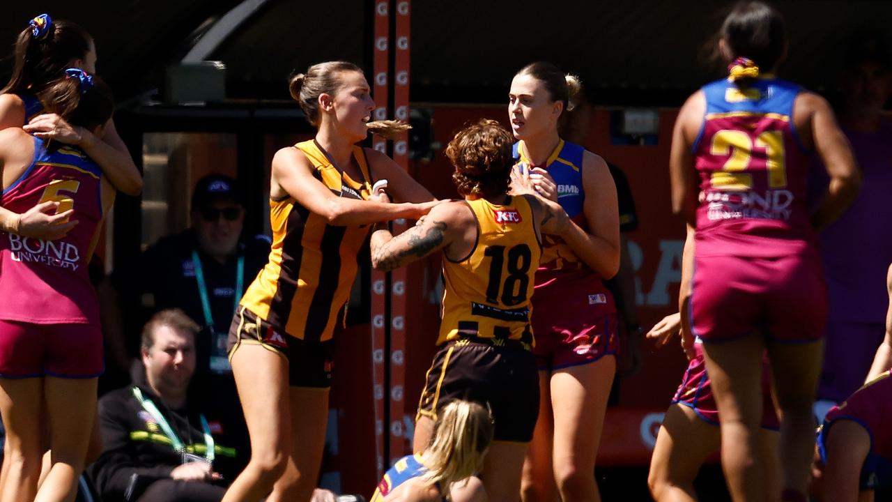 Hawthorn and Brisbane came to grips after the final siren in Sunday’s qualifying final at Ikon Park. Picture: Michael Willson / Getty Images