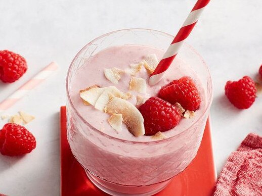 Raspberry and coconut breakfast smoothie.