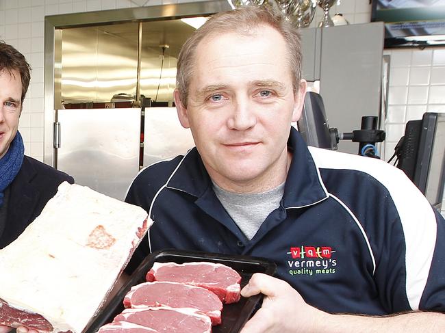 Promoting locally produced food at Vermey's Butcher, Sandy Bay are (L-R) Bec Lynd - beef producer at Big River Highland Beef, Plenty, Alice Percy - CEO of 'Sprout Tasmania', Joss Fenton of Sustainable Business Advice, Marcus Vermey of Vermey's Butcher, Sandy Bay with a piece of locally grown porterhouse.