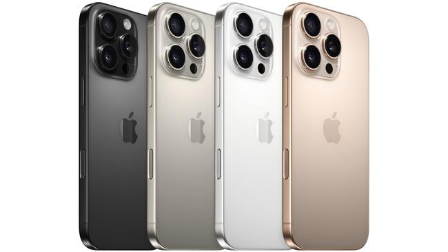 iPhone 16 Pro and iPhone 16 Pro Max will be available in four finishes: black titanium, natural titanium, white titanium, and desert titanium. Picture: Apple