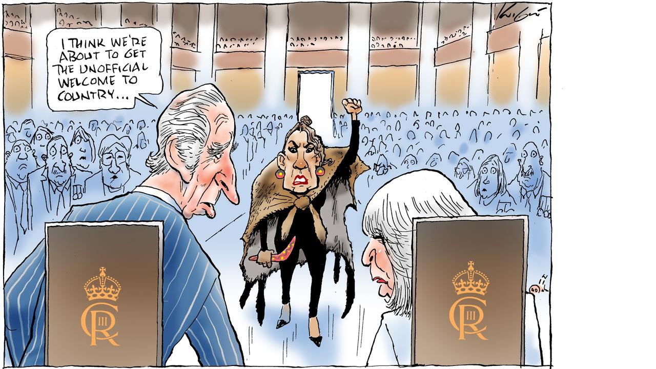 Mark Knight imagines a very different sort of Welcome to Country in his cartoon of Senator Lidia Thorpe's interruption of proceedings at Parliament House during the visit by King Charles and Camilla. Picture: Mark Knight