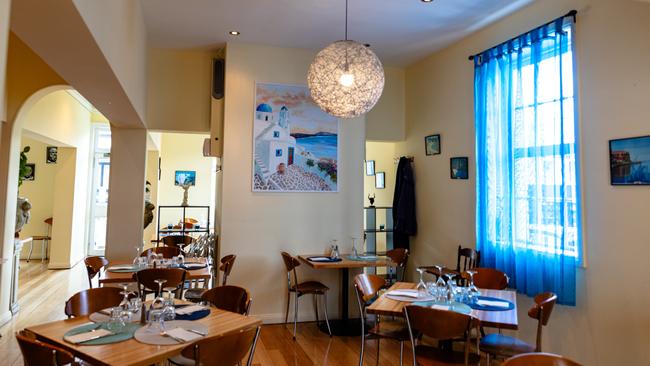 The fresh Greek-inspired interior at Filoxenia in North Hobart. Picture: Linda Higginson