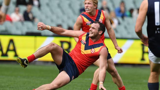 Zane Kirkwood kicks a goal for the SANFL against the VFL at Adelaide Oval in 2016. Picture: Tom Huntley