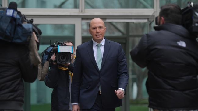 Peter Dutton arrives to address the media this morning. Picture: AAP.