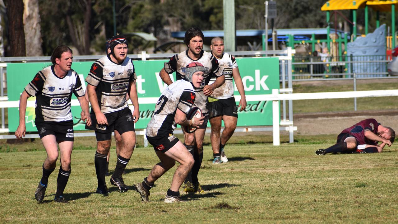 Charlie Brennand in possession for the Warwick Water Rats in their clash with the Toowoomba Bears for the club's reunion round on July 10, 2021.