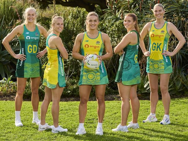 MELBOURNE, AUSTRALIA - JULY 10: (L-R) Jo Weston, Paige Hadley, Liz Watson, Steph Wood and Courtney Bruce of Australia pose during the Australian Diamonds World Cup Uniform Launch at the Royal Botanic Gardens on July 10, 2023 in Melbourne, Australia. (Photo by Graham Denholm/Getty Images for Netball Australia)