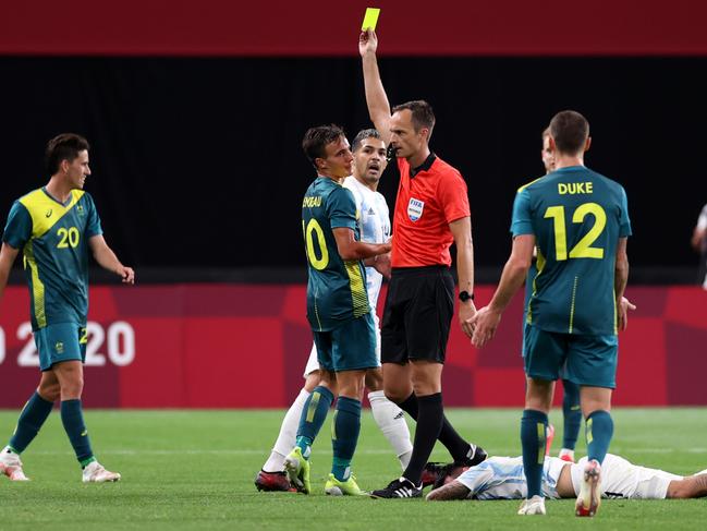 There were red cards galore in the Olyroos’ shock win over Argentina. (Photo by Masashi Hara/Getty Images)