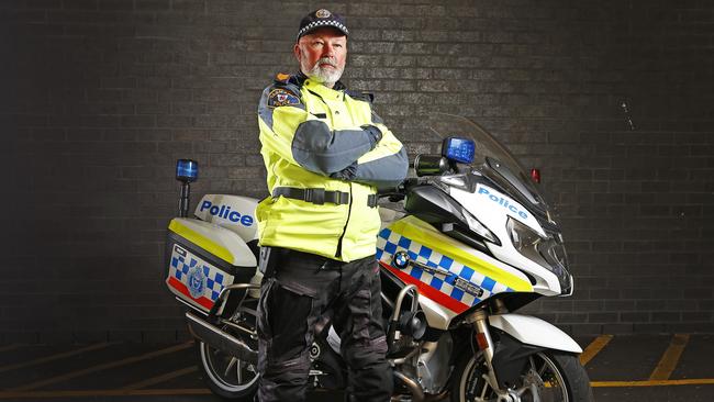 Sergeant Steve Dine launched a public appeal for information after a police motorcyclist was reversed into twice in the Huon Valley on Christmas Day. Picture: ZAK SIMMONDS.