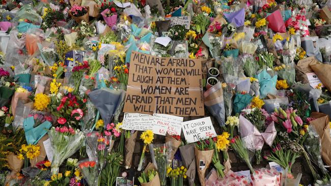 Floral tributes and messages are placed in tribute to murder victim Sarah Everard in London. Picture: Getty Images