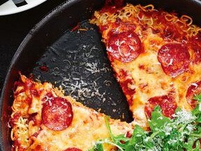 Pepperoni pan pizza using two-minute noodles.