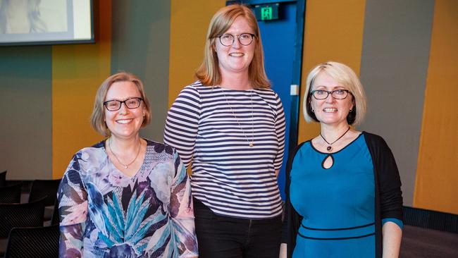 Fiona McCallum, Hannah March, Gail Fuller attended the event Women in Media SA presents Five in Five at the University of South Australia. Picture: Ben MacMahon