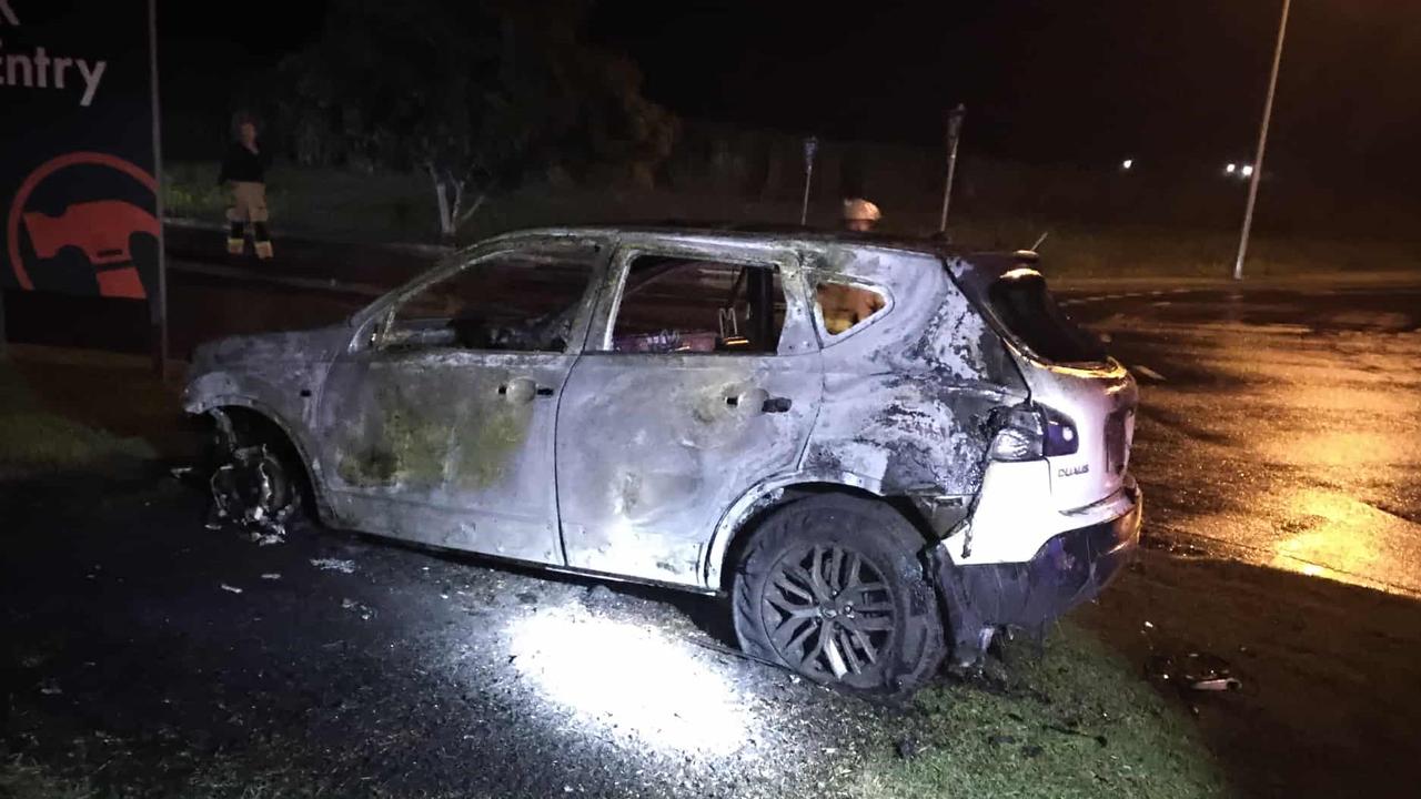 A Nissan Dualis burnt after it engulfed in flames outside of the Mackay North Bunnings entrance at 8.30pm on Thursday, May 29. Photo: Megan Rigby