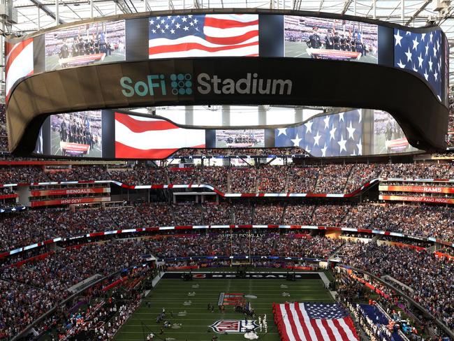 The jumbotron hovers above Sofi Stadium during the national anthem. Picture:: Katelyn Mulcahy/Getty Images