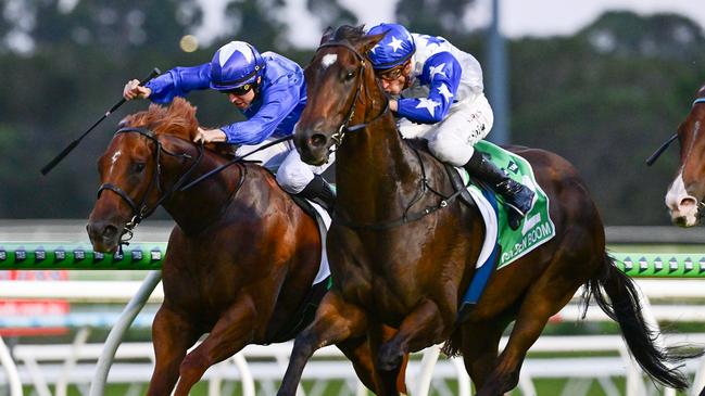 Payline launches from last to win The Syndicate for jockey Damian Lane and trainers Chris and Corey Munce. Picture: Grant Peters - Trackside Photography