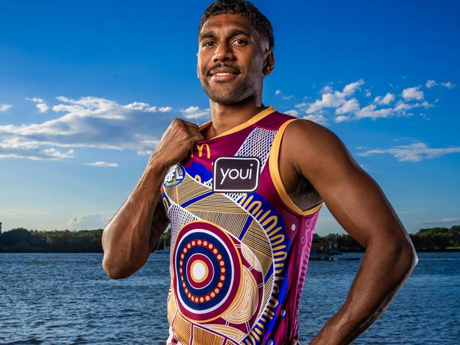Brisbane Lions Indigenous guernsey 2025.Brisbane Lions Keidean Coleman wearing this years Indigenous guernsey.Picture: Nigel Hallett