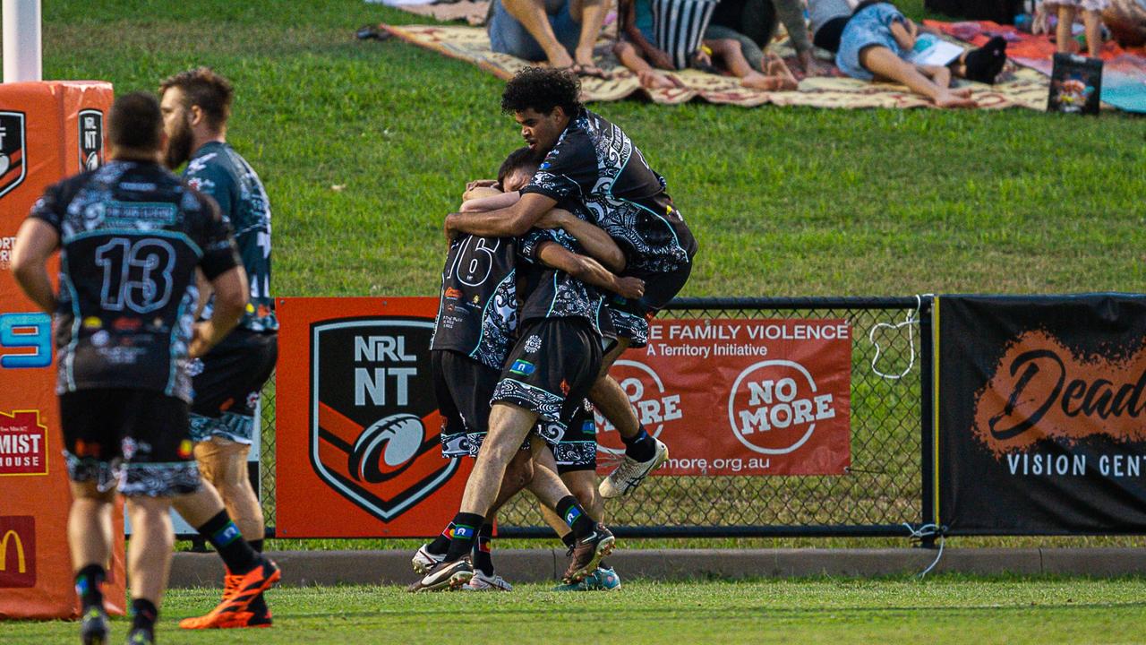 The Indigenous All Stars celebrate Dallas Caulton's opening try in the 2023 Deadly Cup Carnival. Picture: Pema Tamang Pakhrin