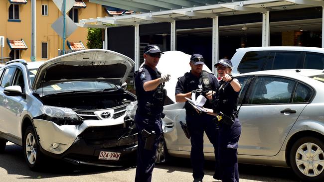 A stolen car has caused a four vehicle crash outside The Watermark on the Strand, Townsville. Picture: Alix Sweeney