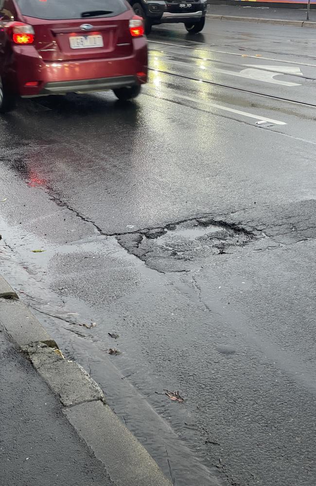 A pothole on Toorak Rd in Burwood late last year. Picture: Gemma Scerri