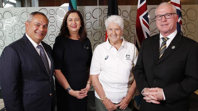 Gold Coast Mayor Tom Tate, Premier Annastacia Palaszczuk, Olympic swimmer Dawn Fraser and Sunshine Coast Mayor Mark Jamieson at an Olympics 2032 bid meeting in July. Picture: AAP/Josh Woning