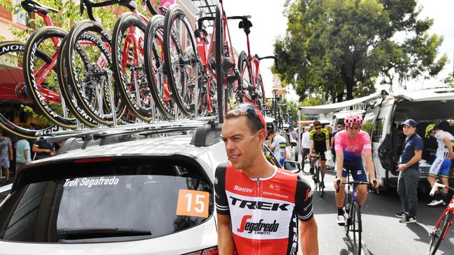 Trek Segafredo rider Richie Porte is seen at the start of stage two of the Tour Down Under in Adelaide, Wednesday, January 16, 2019. (AAP Image/David Mariuz) NO ARCHIVING, EDITORIAL USE ONLY