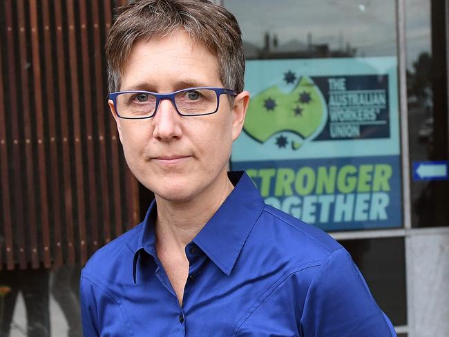 ACTU secretary Sally McManus is seen at the offices of the Victorian brach of the AWU in west Melbourne, Tuesday, October 24, 2017. Australian Federal Police officers raided the AWU headquarters in Sydney and Melbourne simultaneously on Tuesday evening. (AAP Image/Julian Smith) NO ARCHIVING