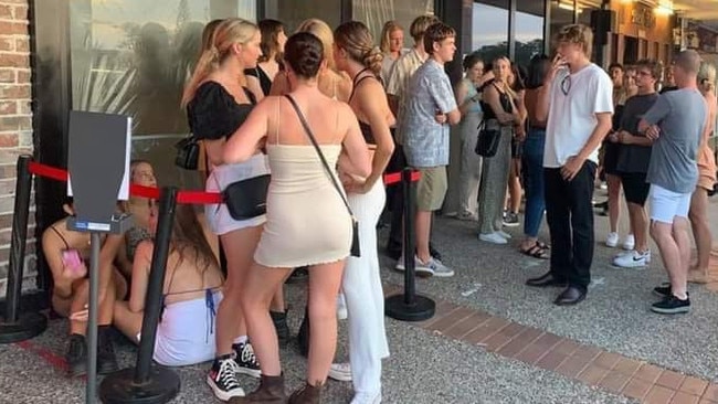 Patrons queue outside Burleigh bar Nightcap, unable to enter due to COVID-19 restrictions. Photo: Supplied