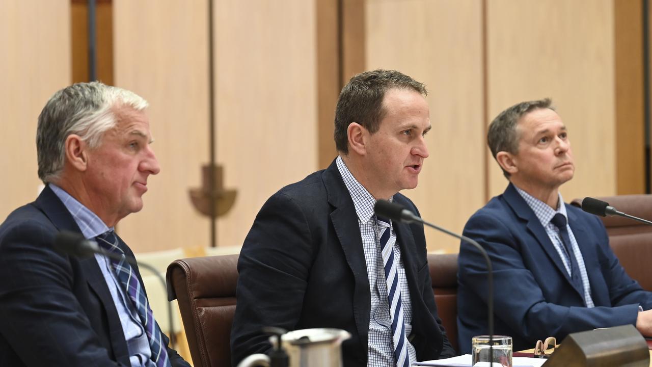 Anthony Kendall, Managing Director Australian Community Media, Andrew Schreyer, Country Press Australia President and Peter Kennedy, Country Press Australia Executive Director at the inquiry. Picture: NewsWire / Martin Ollman