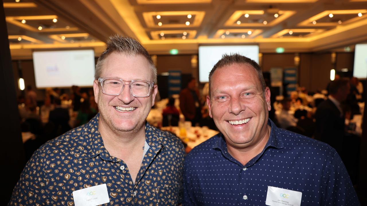 Trent Townson and Joe Stenning at the Gold Coast Central Chamber of Commerce Economic Health Check Breakfast 2024 at Mantra on View Surfers Paradise for Gold Coast at Large. Picture: Portia Large